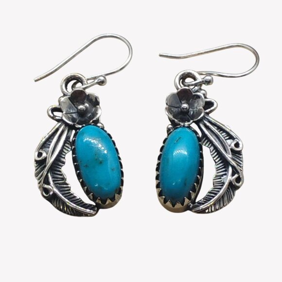 Southwest Sterling Silver Turquoise Dangle Earrings Flower Feather Handmade - Picture 2 of 5